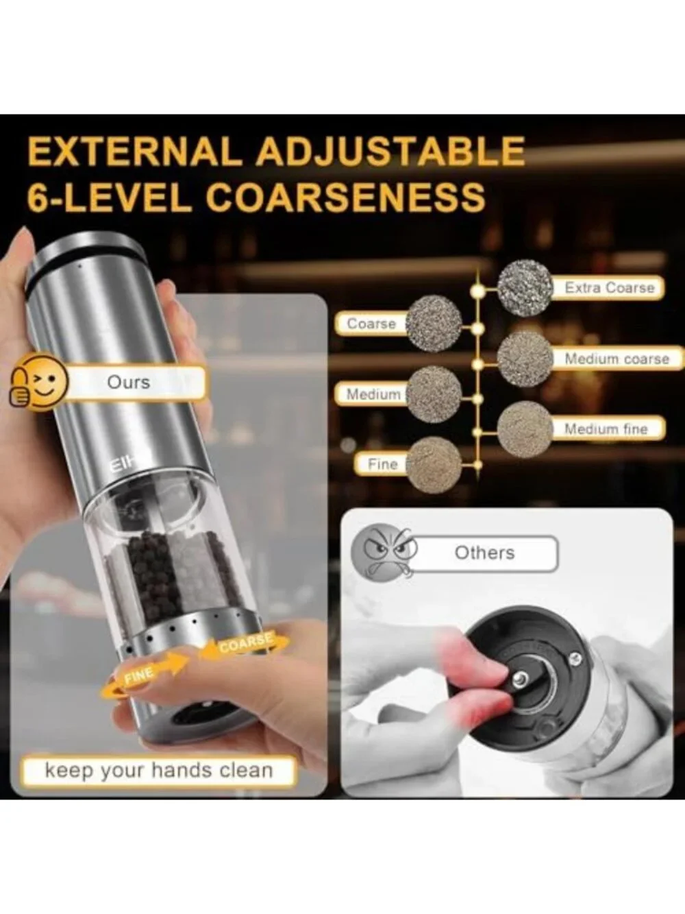 USB Rechargeable Electric Salt & Pepper Grinder Set, Adjustable Coarseness, LED